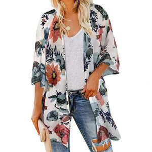 ❤️Women White Summer Cardigan Beach Open Front Swimsuit Cover Up Casual  Shirt